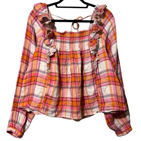 NWT Free People We the Free Siena Plaid Ruffle Top Medium Tea Combo Pink Orange - Picture 3 of 5